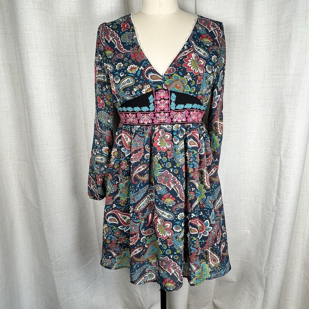 Flying Tomato Peasant Mini Dress Small Boho Chic Paisley V Neck Prairie Flowy